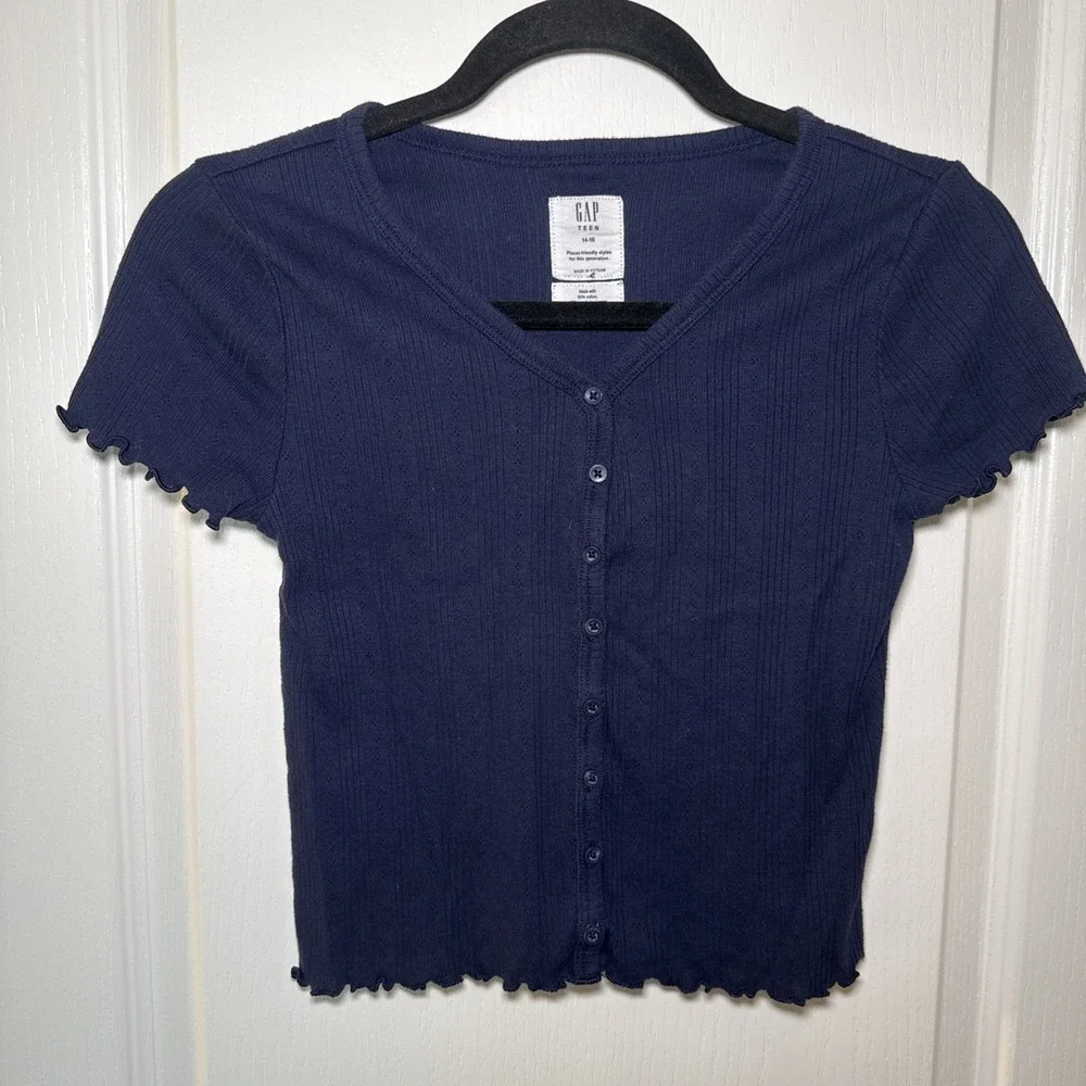 Gap Teen Girls 14-16 Navy Ribbed Button Front Top Lettuce Edge